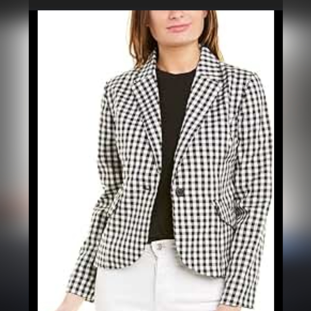 Nwot Maison d'Amelie Black /White Gingham Seersucker Longsleeve Collared Blazer